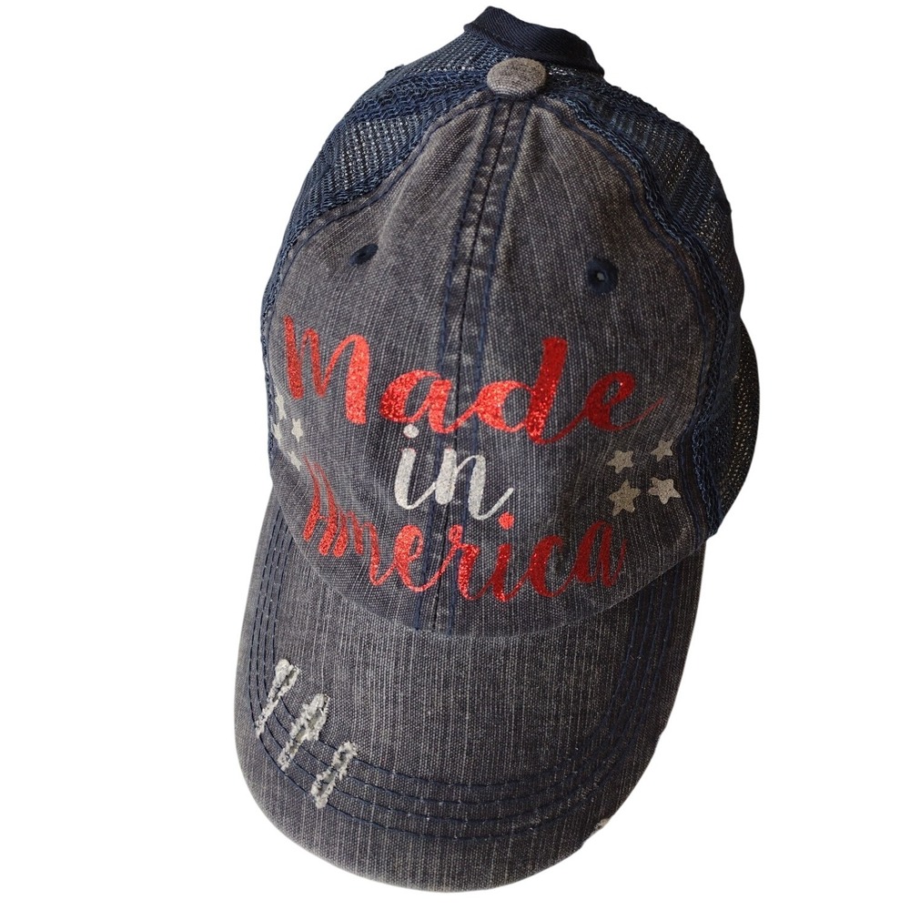Baseball Cap Hat Women One Size Blue Distressed Made‎ in America Glitter Graphic